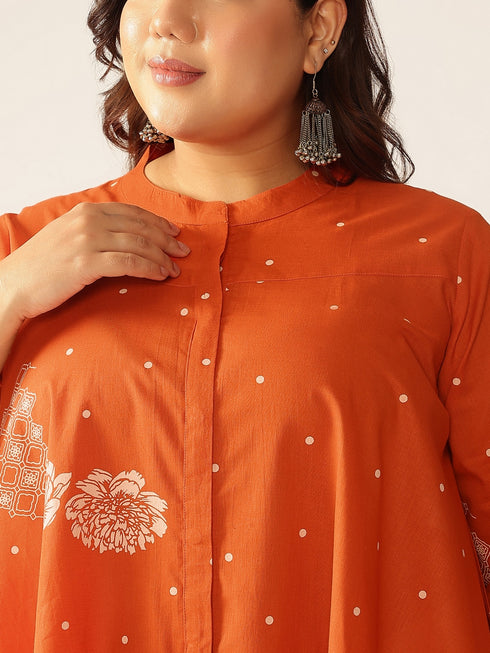 Plus Size Orange Pure Cotton Floral Printed A-line Tunic