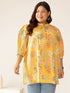 Plus Size Yellow Pure Cotton Tropical Printed A-line Tunic