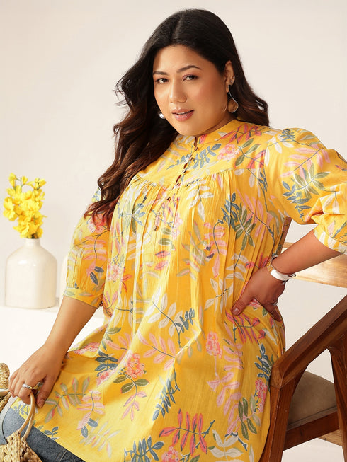 Plus Size Yellow Pure Cotton Tropical Printed A-line Tunic