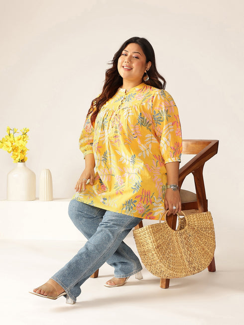 Plus Size Yellow Pure Cotton Tropical Printed A-line Tunic