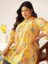 Plus Size Yellow Pure Cotton Tropical Printed A-line Tunic