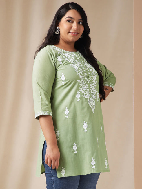 Plus Size Sage Cotton Chikankari Regular Tunic