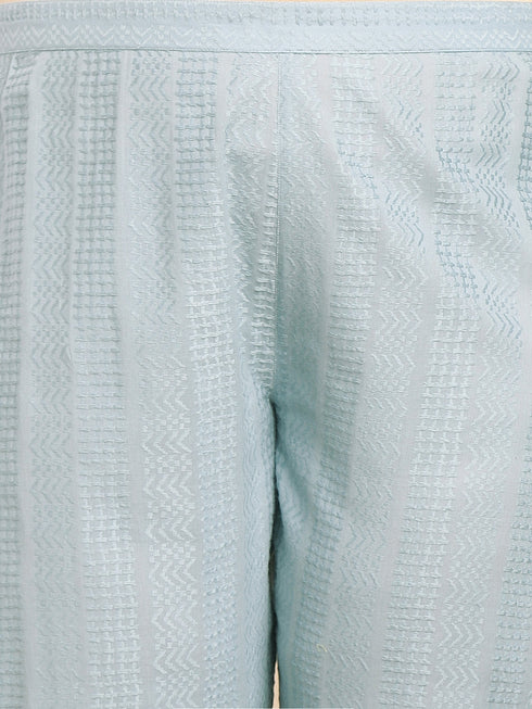 Plus Size Light Blue Cotton Jecquard Self Design Shirt Style Co-ord Set