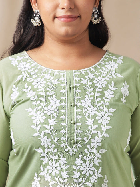 Plus Size Sage Cotton Chikankari Regular Tunic