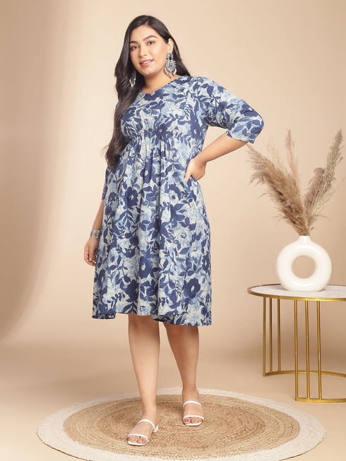 Plus Size Indigo Cotton Floral Gathered Dress