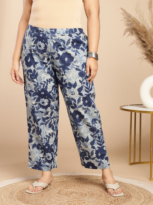 Plus Size Indigo Cotton Floral A-Line Co-ord Set