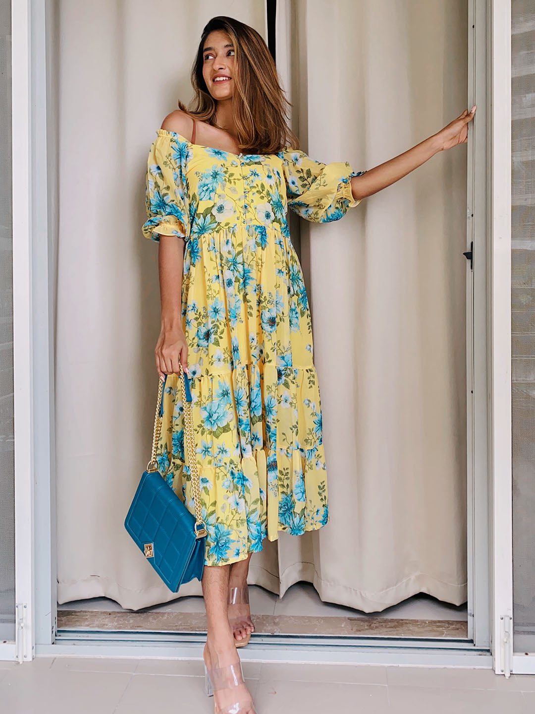 Yellow Georgette Floral Print Flared Western Dress Janasya Gold