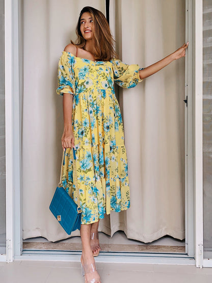 Yellow Georgette Floral Print Flared Western Dress Janasya Gold