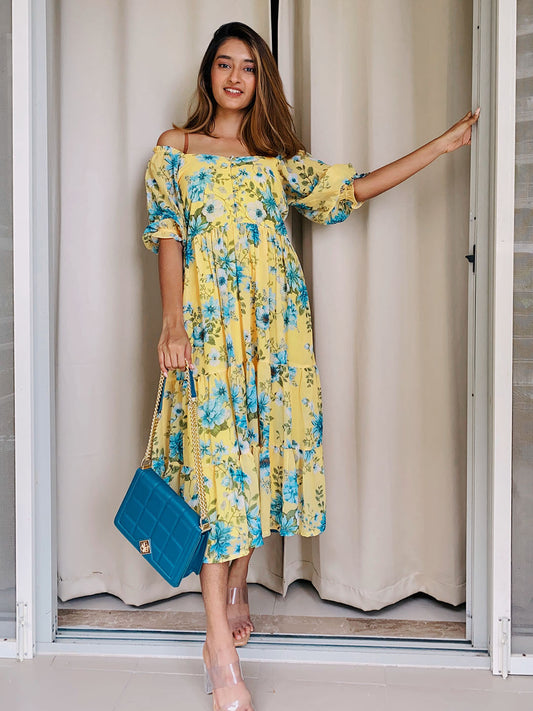 Yellow Georgette Floral Print Flared Western Dress Janasya Gold