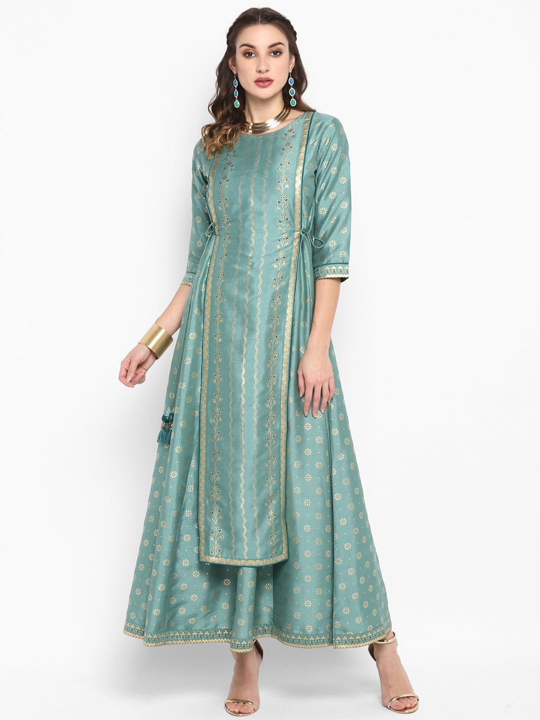 Janasya Women's Green Silk Blend Foil Print Flared Ethnic Dress