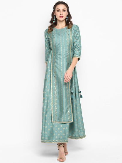 Janasya Women's Green Silk Blend Foil Print Flared Ethnic Dress