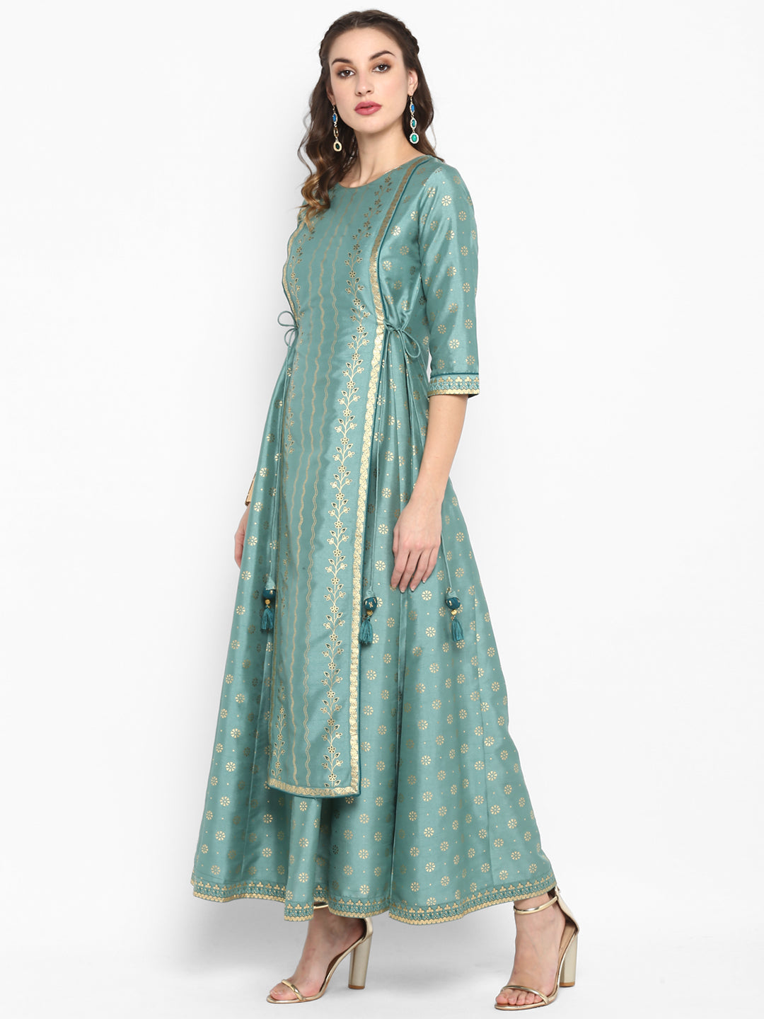 Janasya Women's Green Silk Blend Foil Print Flared Ethnic Dress