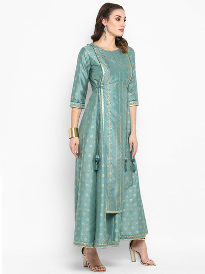 Janasya Women's Green Silk Blend Foil Print Flared Ethnic Dress