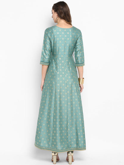 Janasya Women's Green Silk Blend Foil Print Flared Ethnic Dress