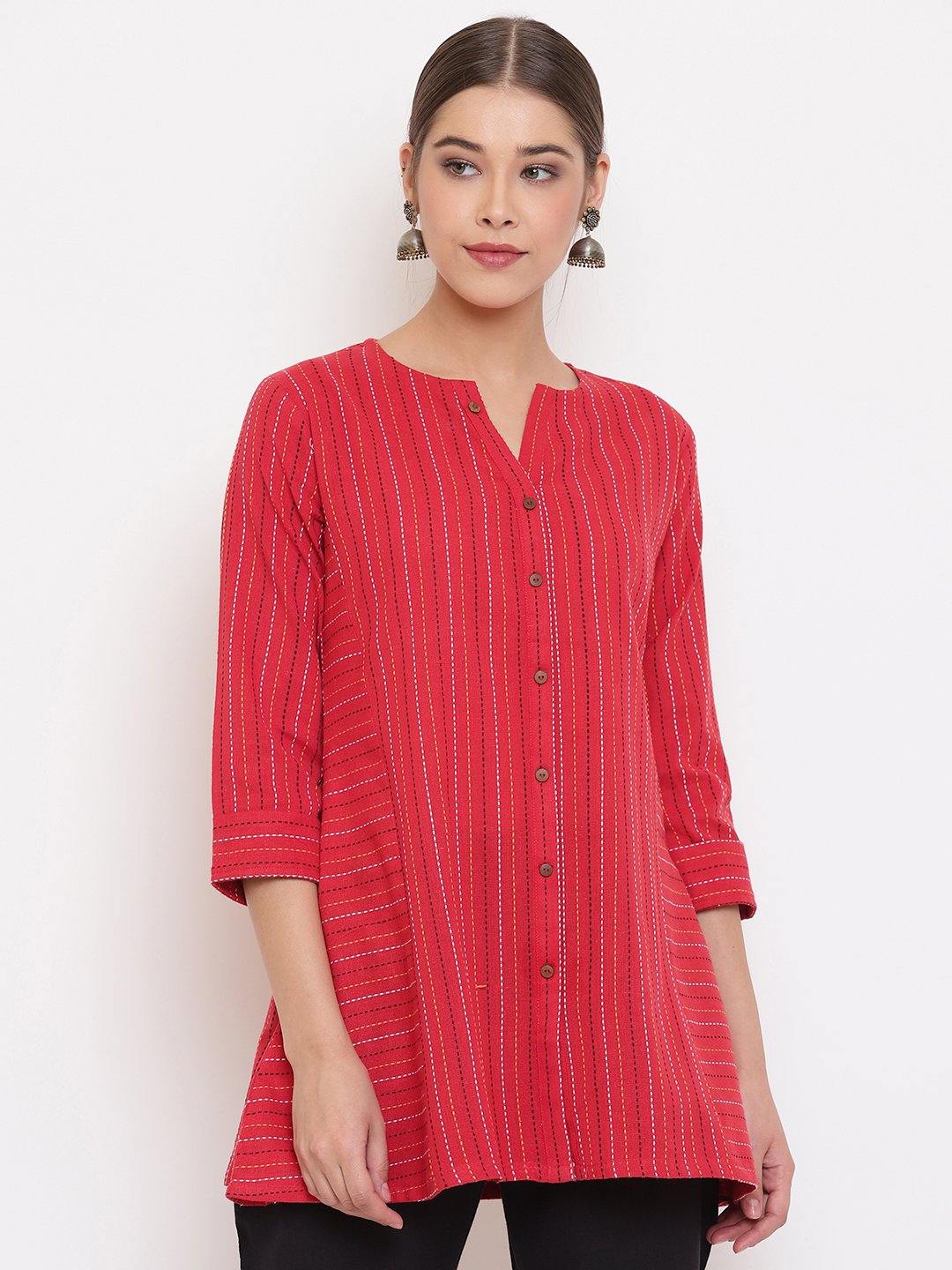 Red Cotton Woven Design A-Line Top Janasya Gold