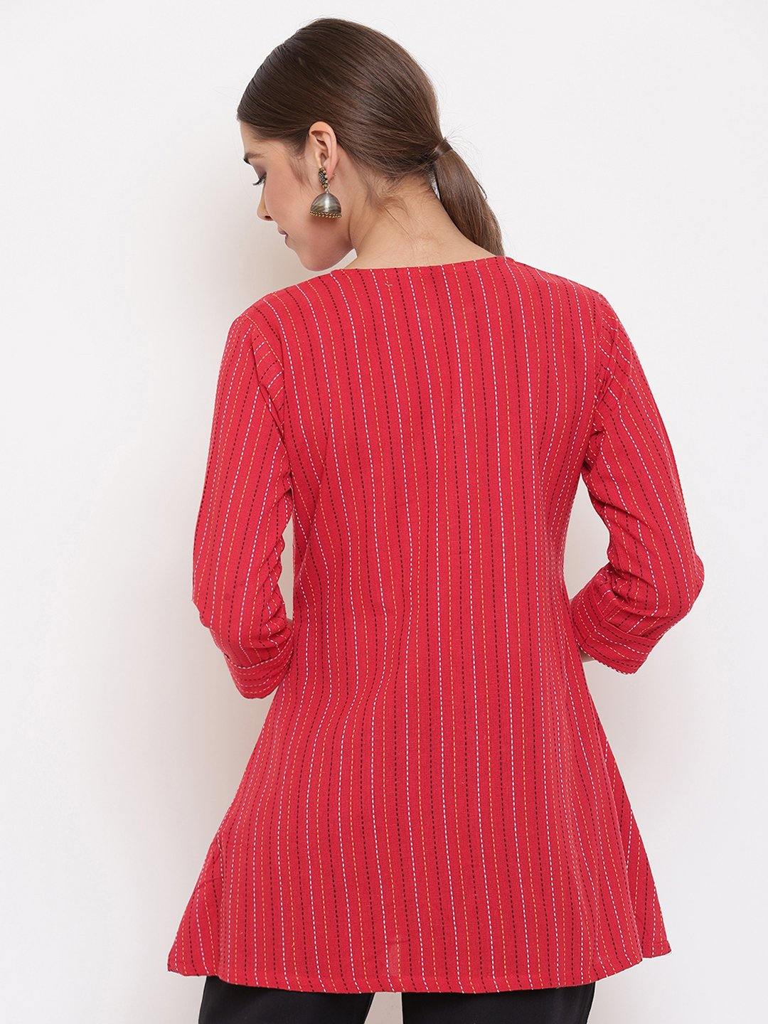 Red Cotton Woven Design A-Line Top Janasya Gold