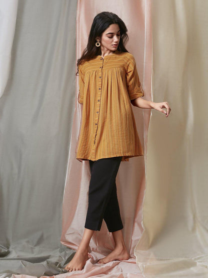 Mustard Cotton Woven Design Gathered Tunic Janasya Gold