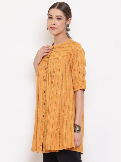 Mustard Cotton Woven Design Gathered Tunic Janasya Gold