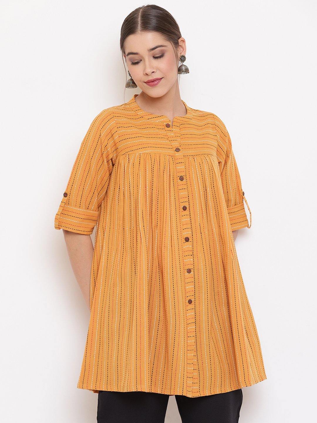 Mustard Cotton Woven Design Gathered Tunic Janasya Gold