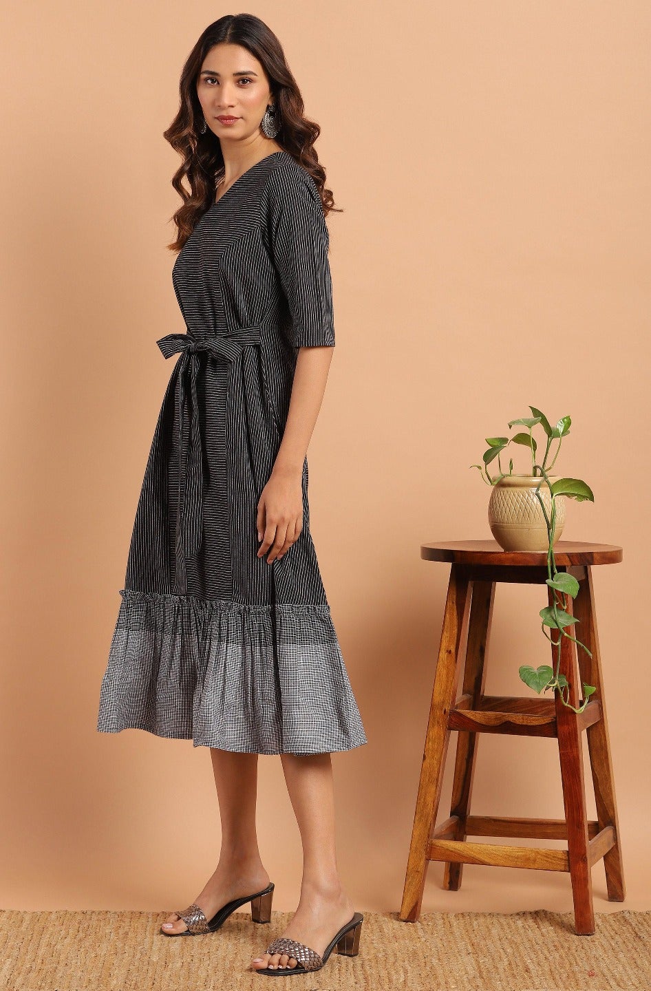 Black Cotton Striped Flared Western Dress Janasya Gold