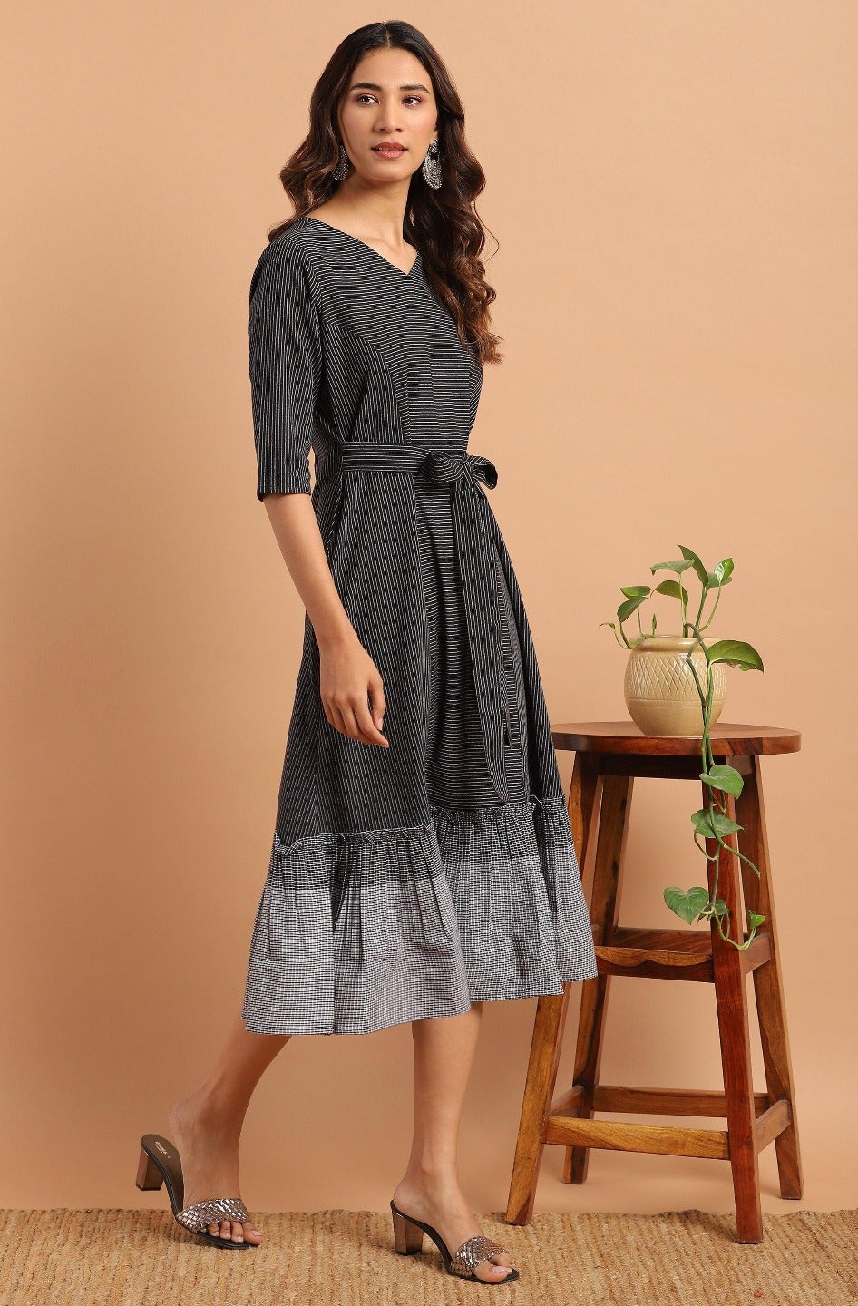 Black Cotton Striped Flared Western Dress Janasya Gold