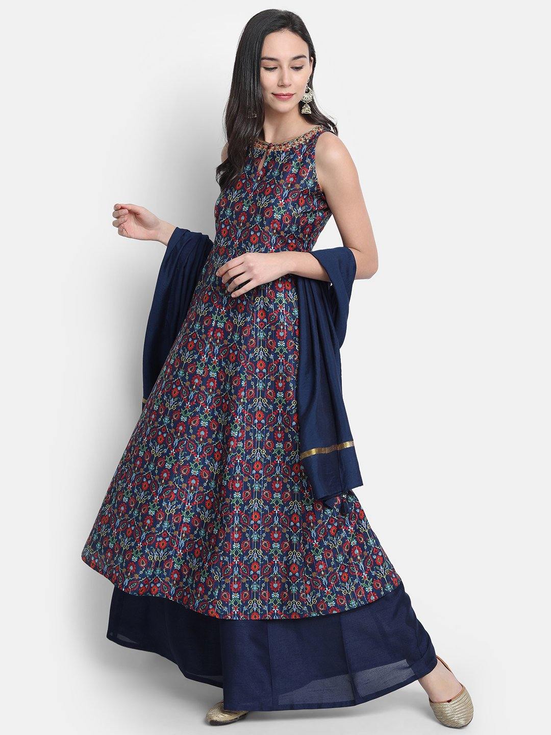 Blue Poly Muslin Embroidered Kurta with Palazzo and Dupatta Janasya Gold