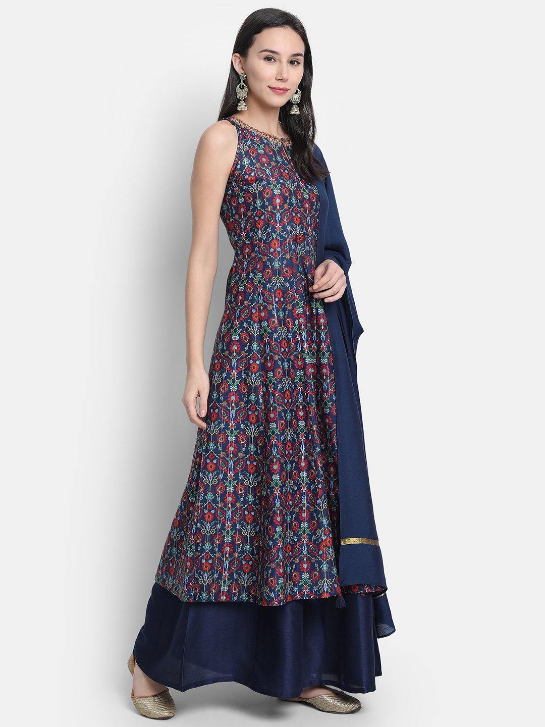 Blue Poly Muslin Embroidered Kurta with Palazzo and Dupatta Janasya Gold