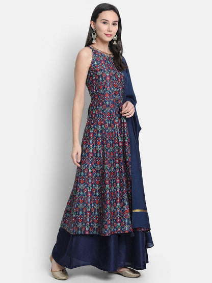 Blue Poly Muslin Embroidered Kurta with Palazzo and Dupatta Janasya Gold