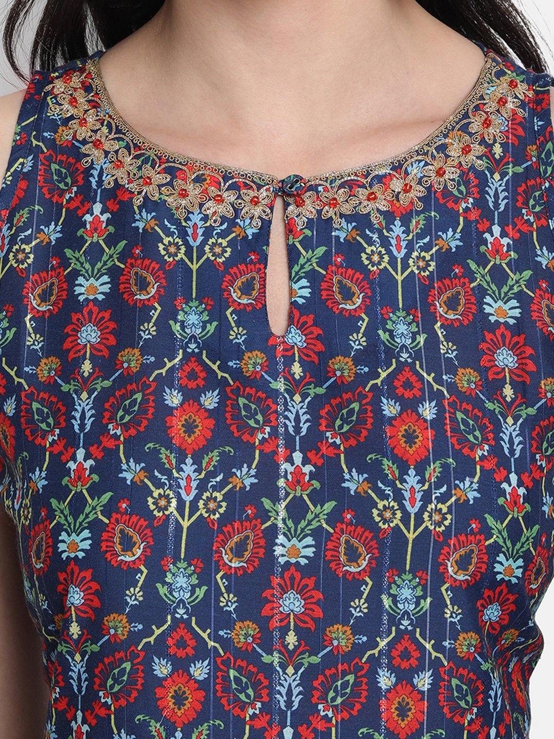 Blue Poly Muslin Embroidered Kurta with Palazzo and Dupatta Janasya Gold