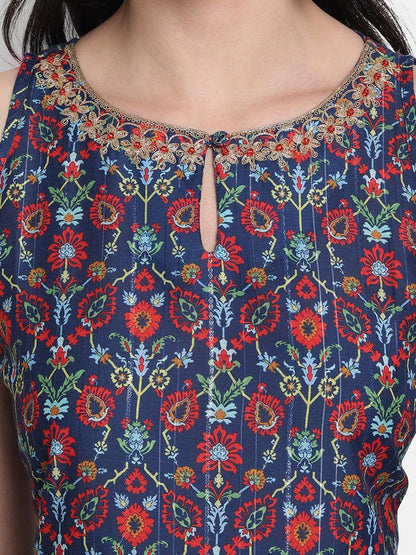 Blue Poly Muslin Embroidered Kurta with Palazzo and Dupatta Janasya Gold