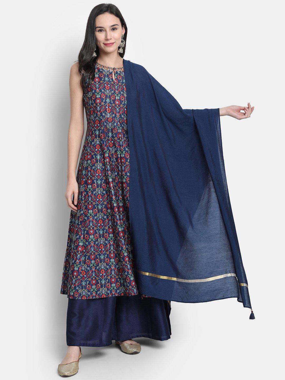 Blue Poly Muslin Embroidered Kurta with Palazzo and Dupatta Janasya Gold