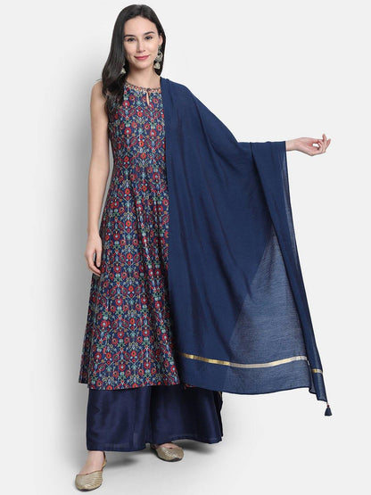 Blue Poly Muslin Embroidered Kurta with Palazzo and Dupatta Janasya Gold