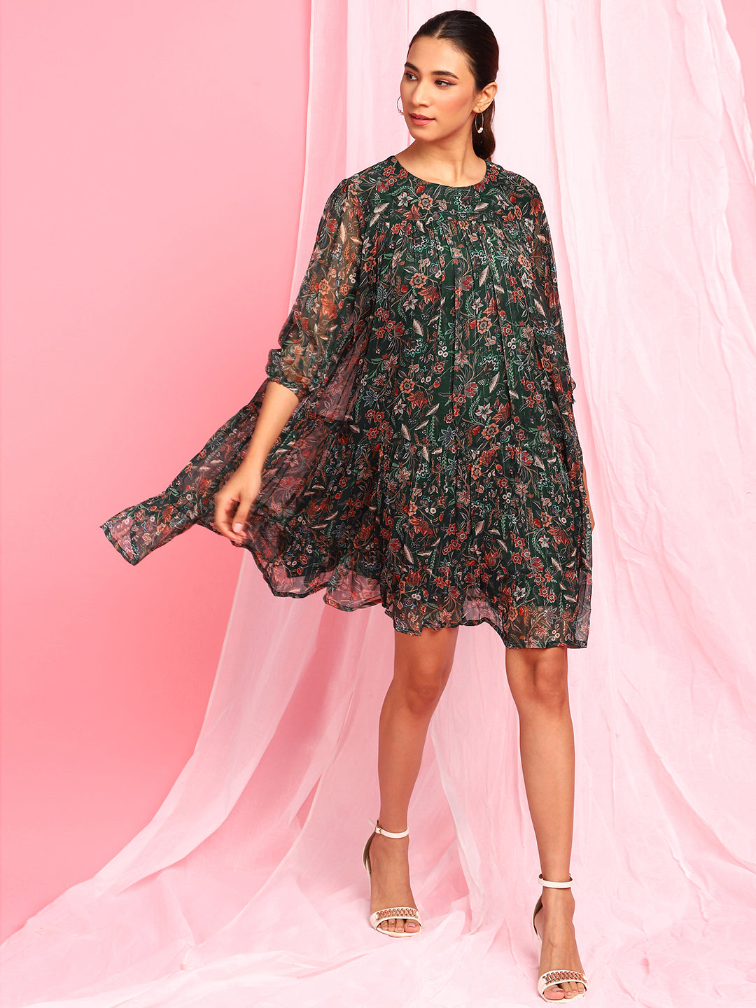 Green Poly Georgette Floral Flared Western Dress Janasya Gold