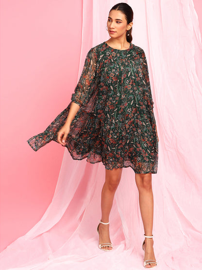 Green Poly Georgette Floral Flared Western Dress Janasya Gold