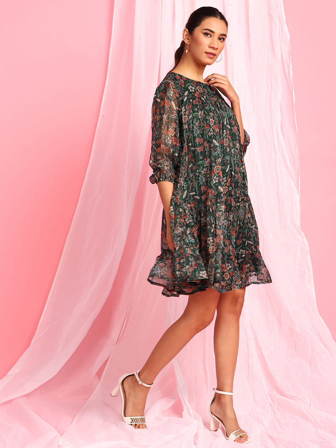 Green Poly Georgette Floral Flared Western Dress Janasya Gold