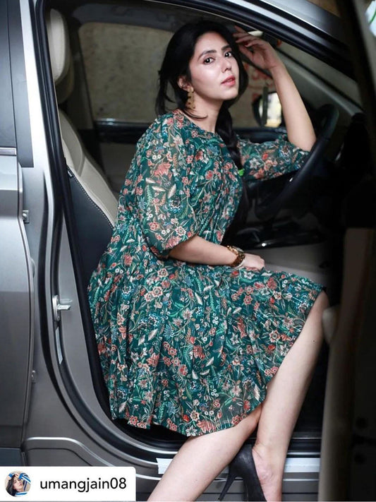 Green Poly Georgette Floral Flared Western Dress Janasya Gold