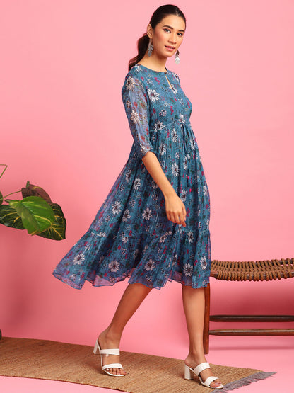 Blue Poly Georgette Floral Flared Western Dress Janasya Gold