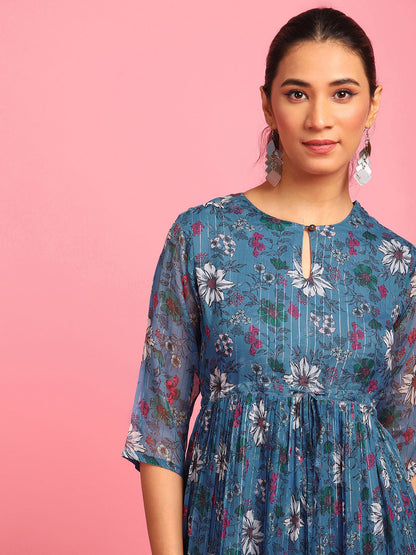 Blue Poly Georgette Floral Flared Western Dress Janasya Gold