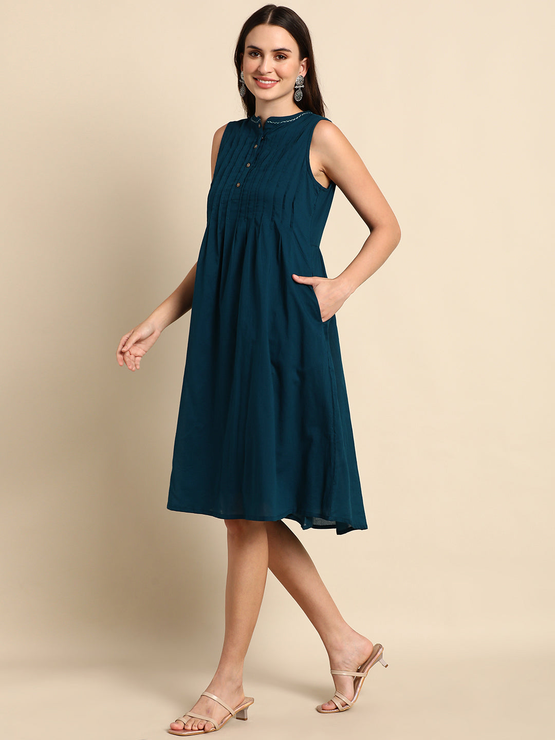 Teal Cotton Solid A-line Western Dress Janasya Gold