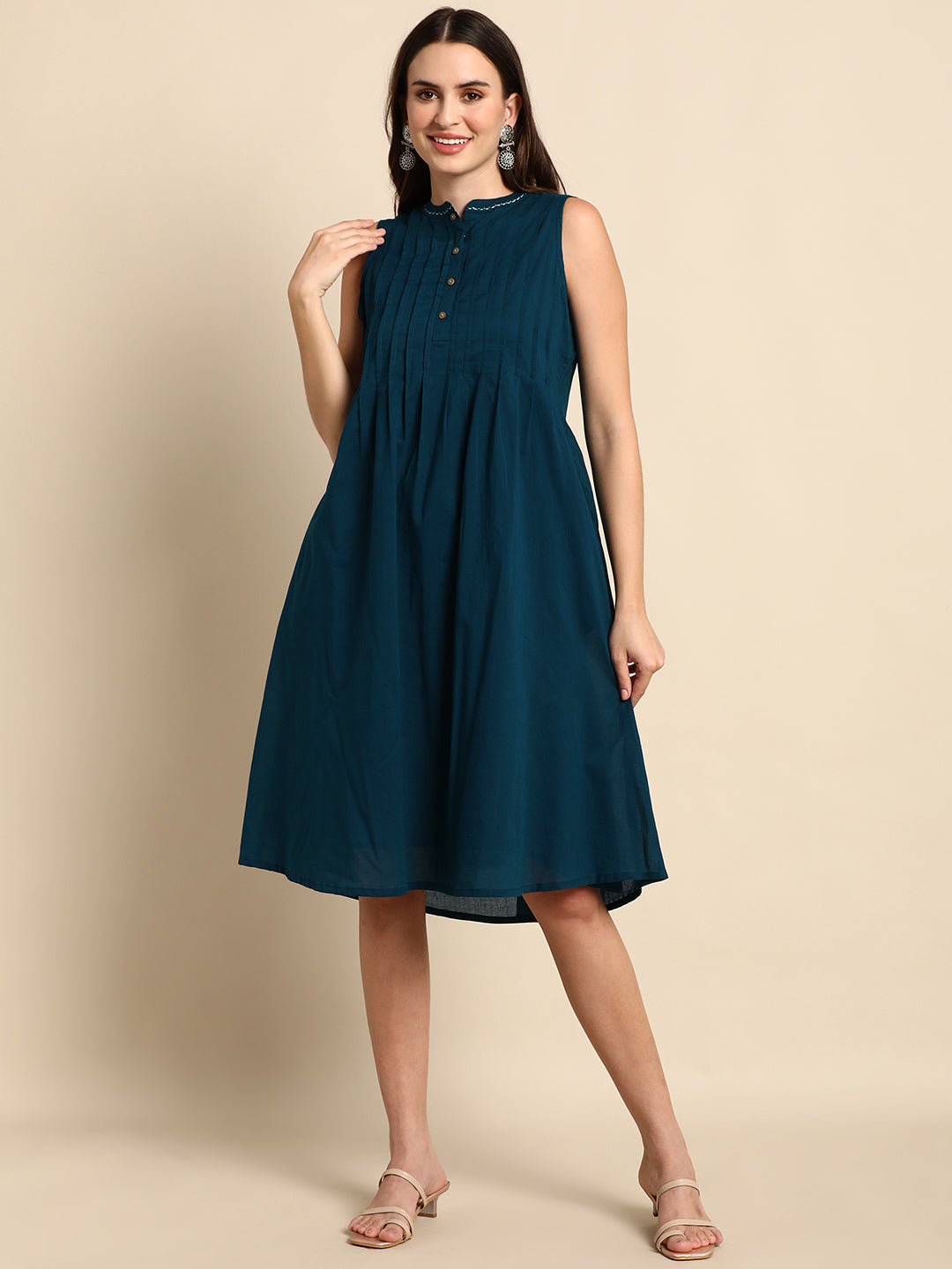 Teal Cotton Solid A-line Western Dress Janasya Gold