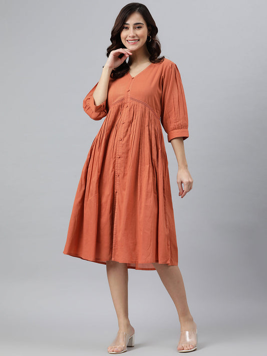 Coral Orange Cotton Solid Flared Western Dress Janasya Gold