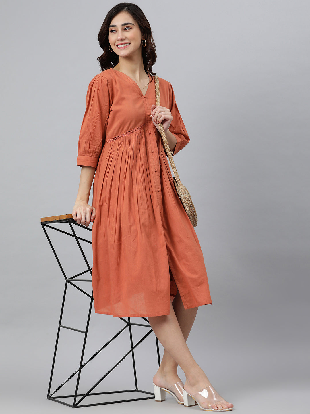 Coral Orange Cotton Solid Flared Western Dress Janasya Gold