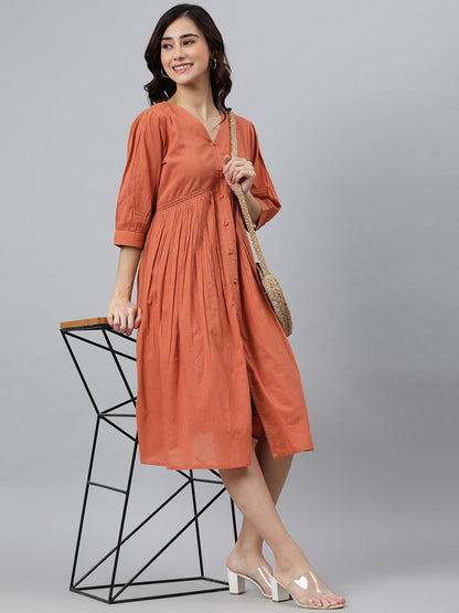Coral Orange Cotton Solid Flared Western Dress Janasya Gold