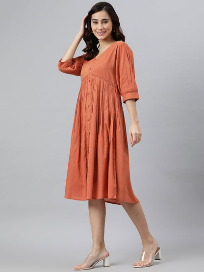 Coral Orange Cotton Solid Flared Western Dress Janasya Gold