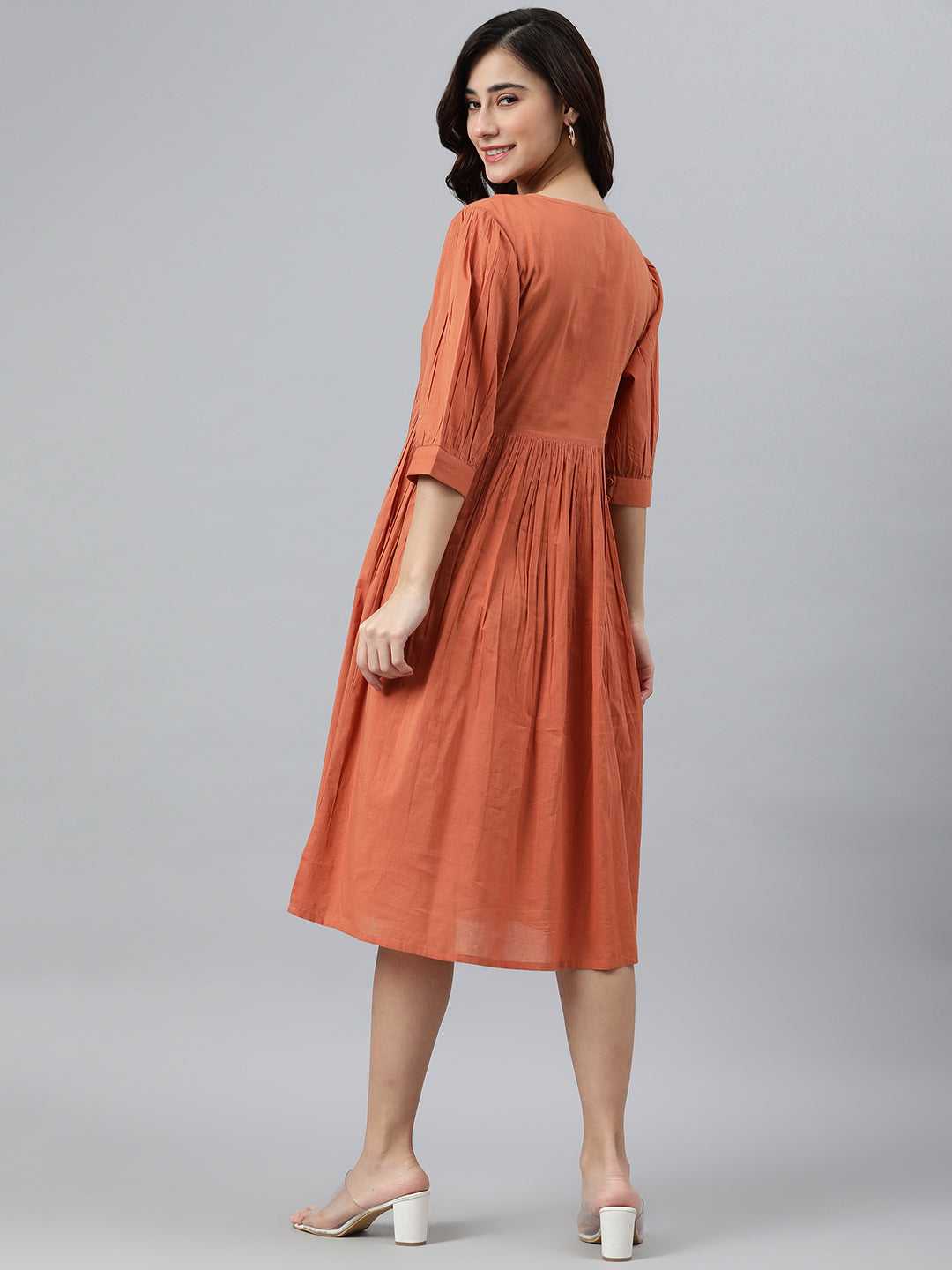 Coral Orange Cotton Solid Flared Western Dress Janasya Gold