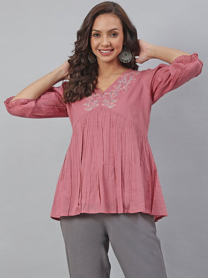 Pink Cotton Embroidered Fit and Flared Top Janasya