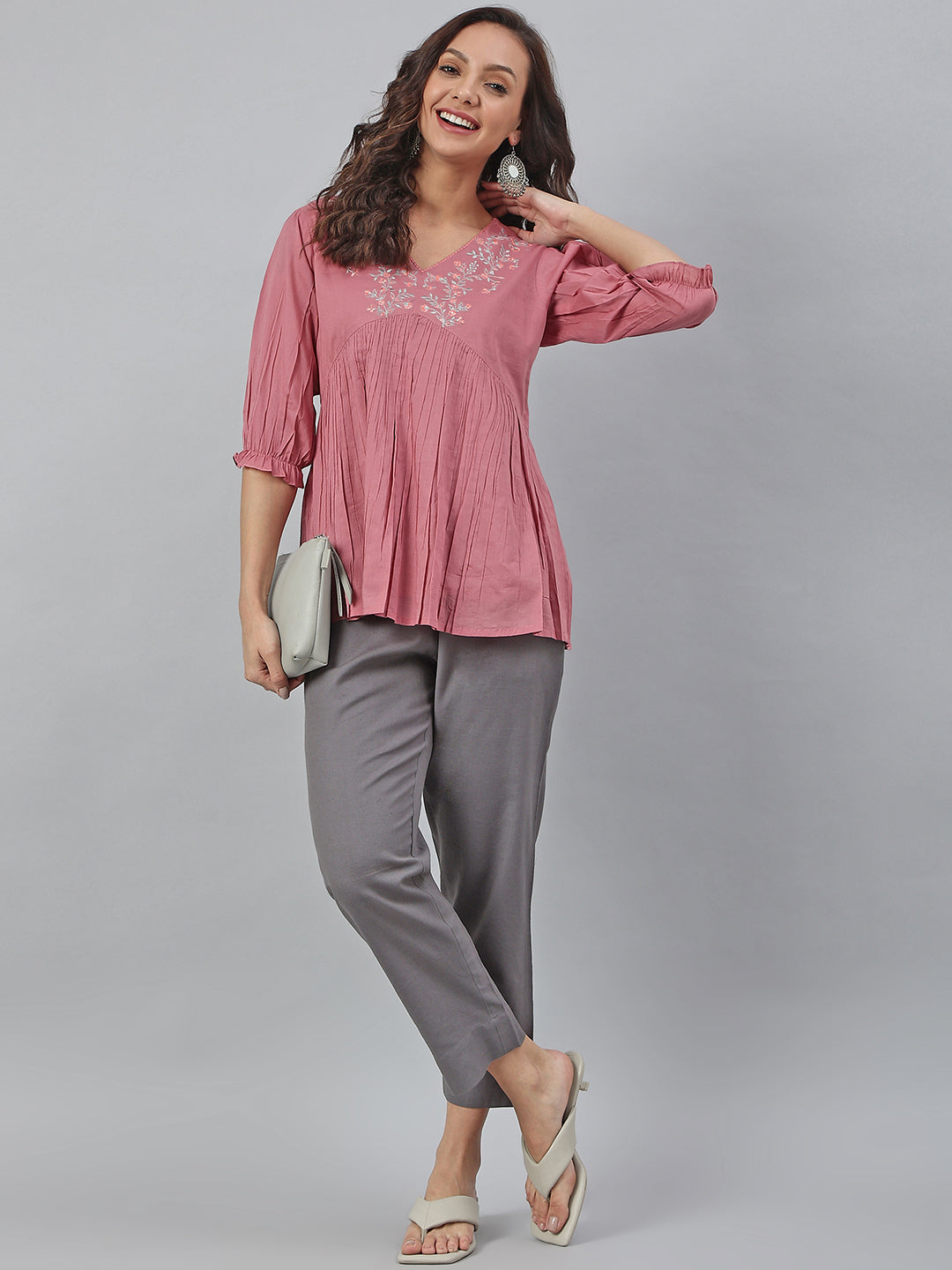 Pink Cotton Embroidered Fit and Flared Top Janasya