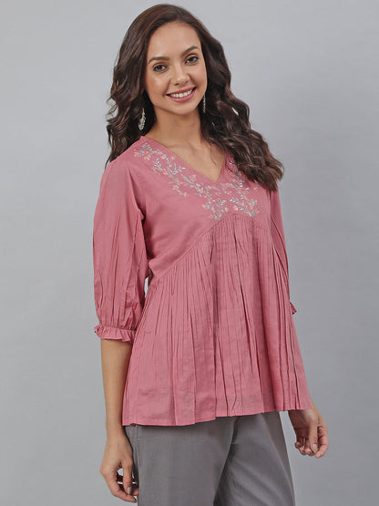 Pink Cotton Embroidered Fit and Flared Top Janasya
