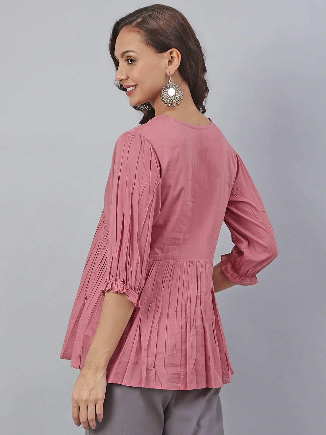 Pink Cotton Embroidered Fit and Flared Top Janasya