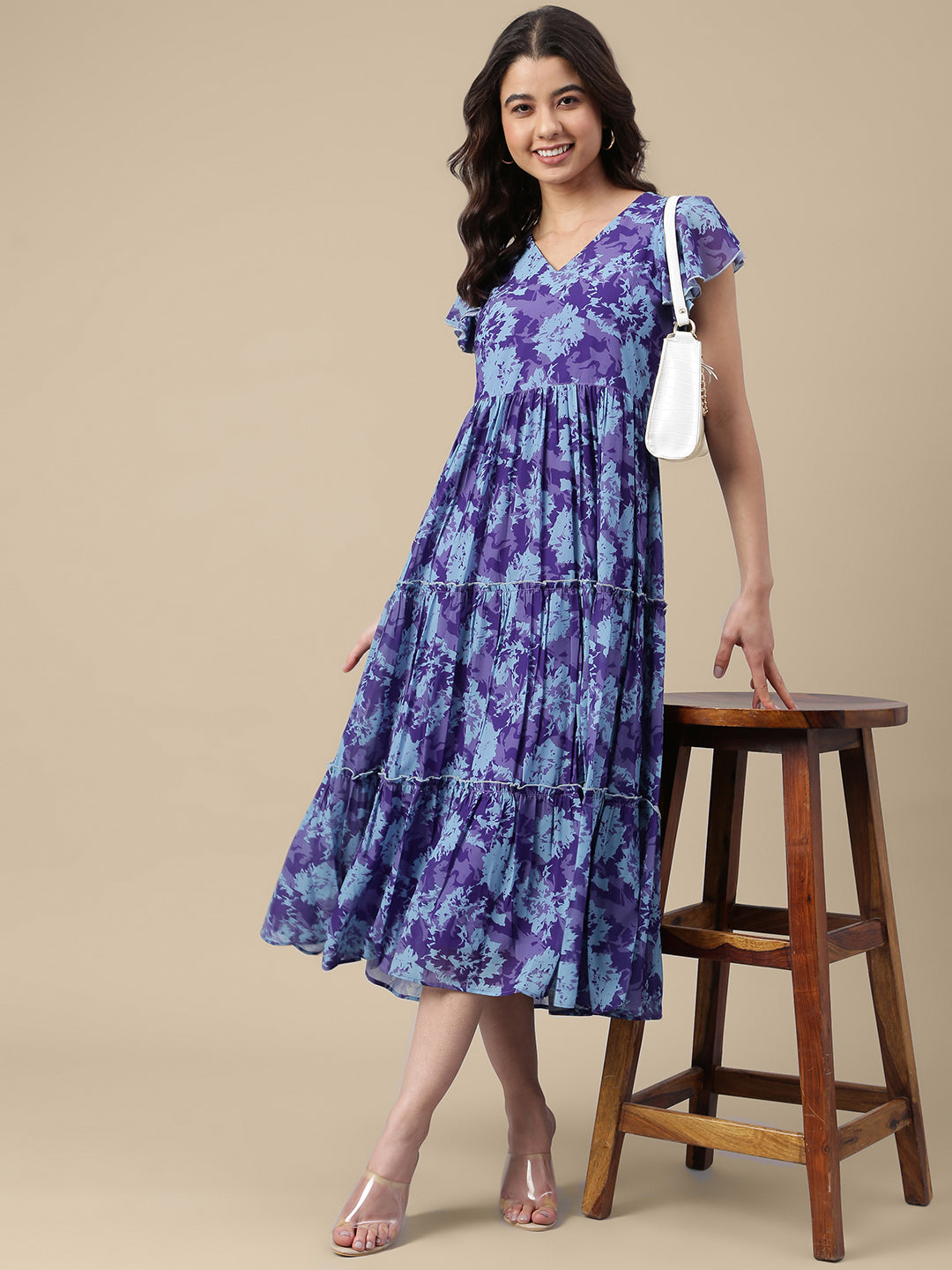 Blue Georgette Printed Flared Western Dress Janasya